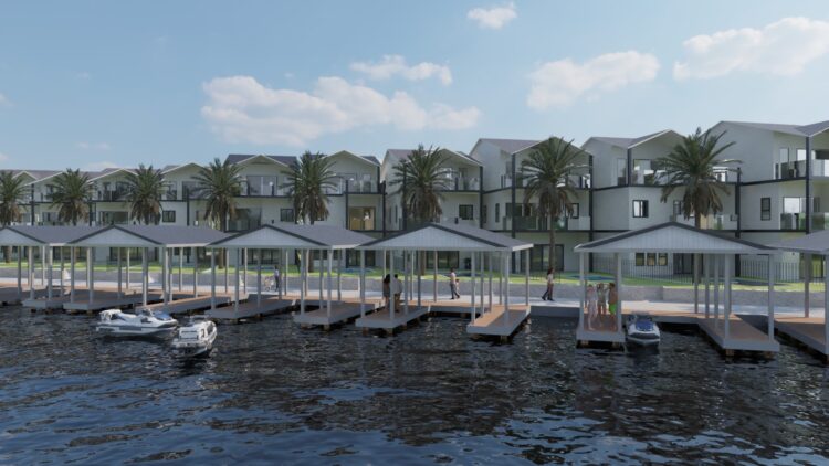 Front elevation of townhomes featuring private pool and outdoor living spaces