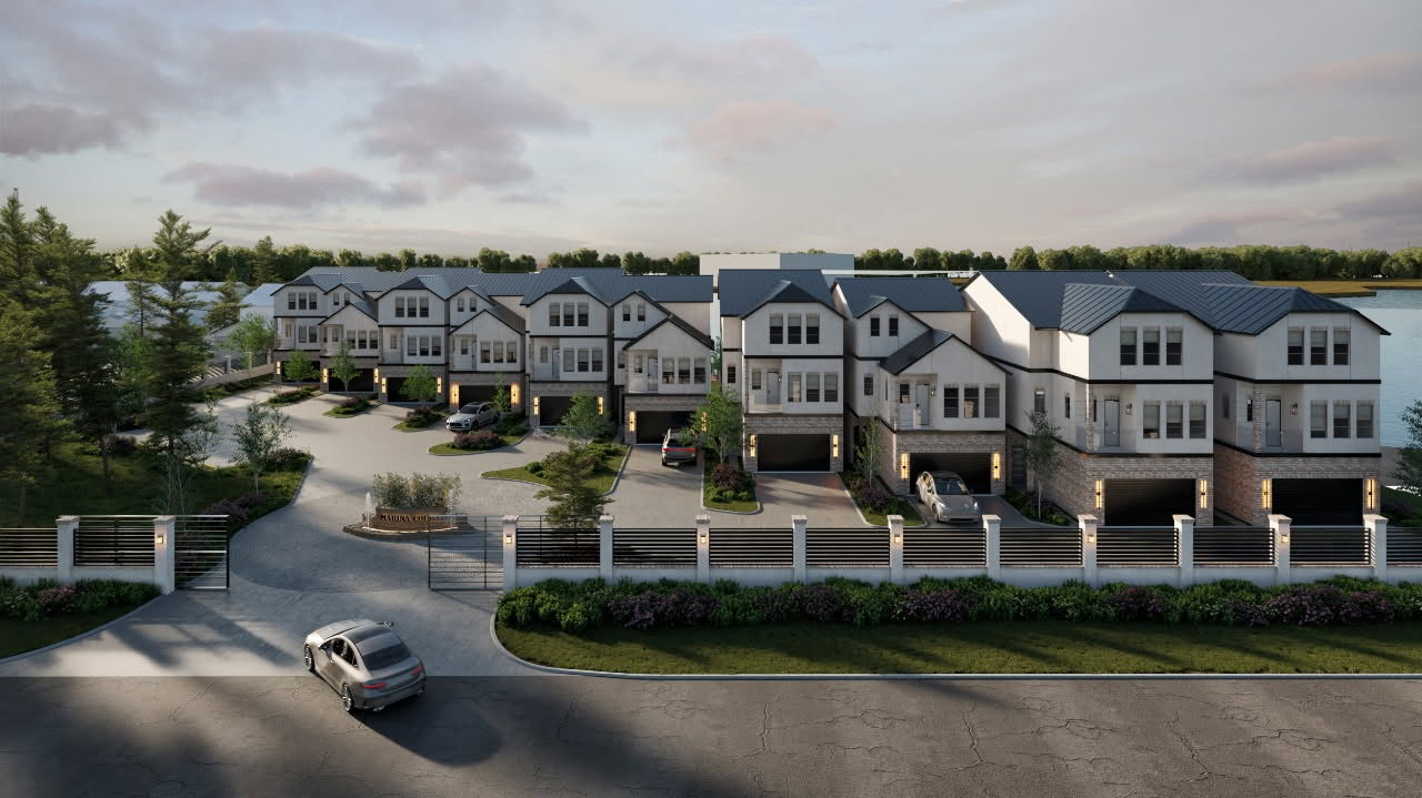 Front elevation of townhomes featuring private pool and outdoor living spaces