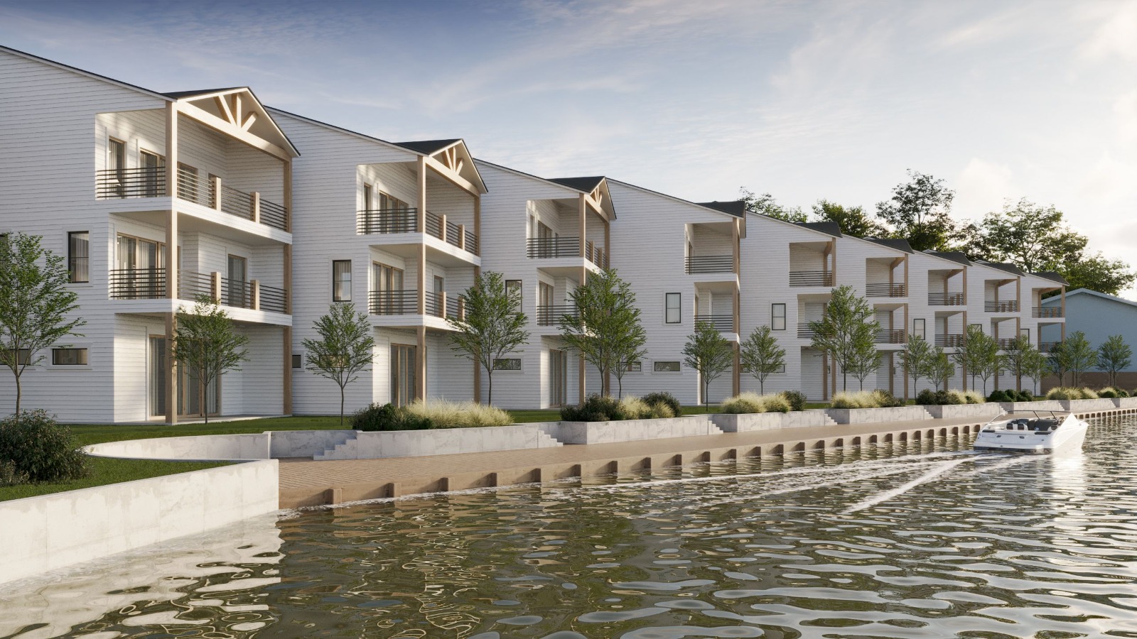 Front elevation of townhomes featuring private pool and outdoor living spaces