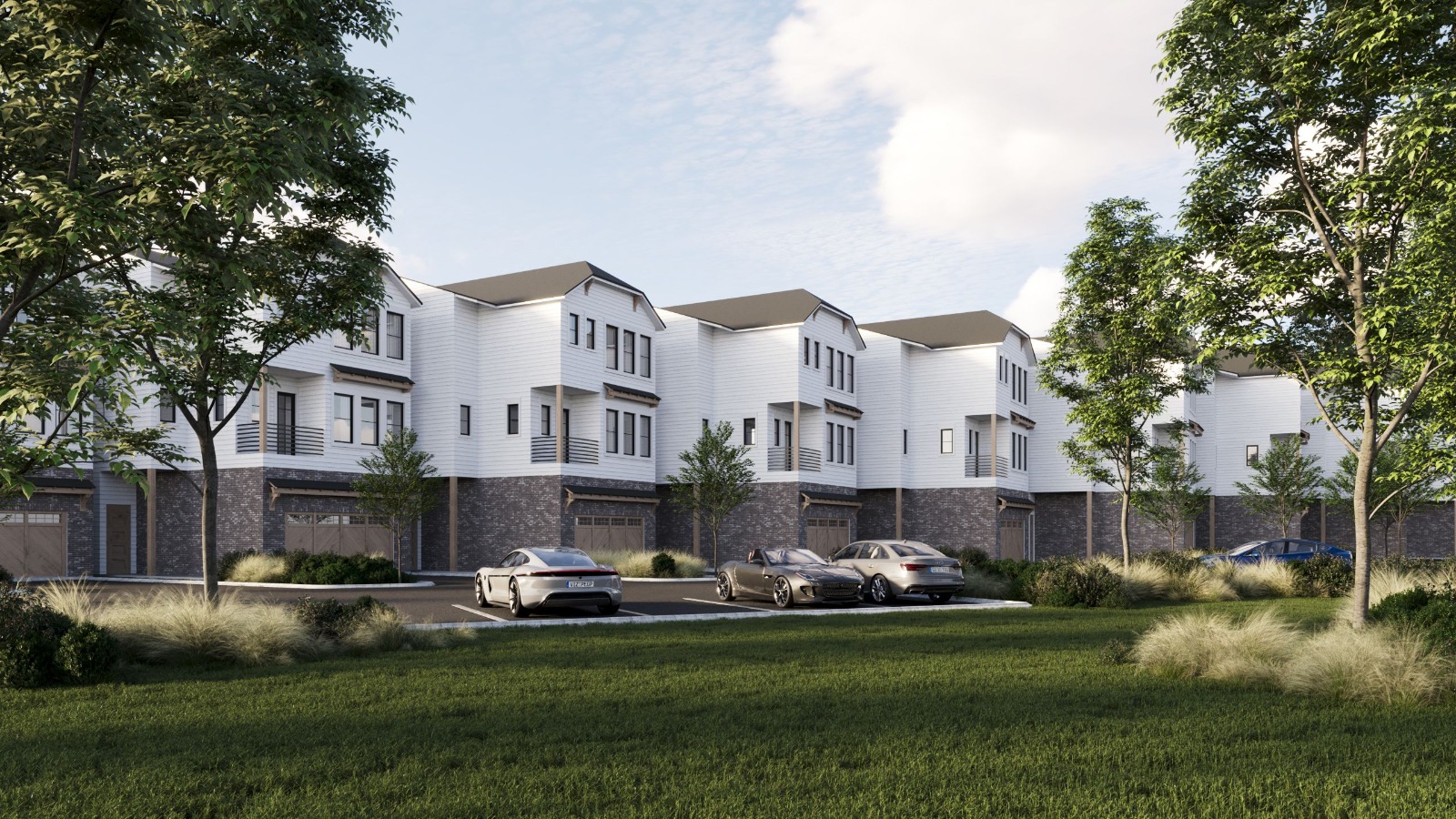 Front elevation of townhomes featuring private pool and outdoor living spaces